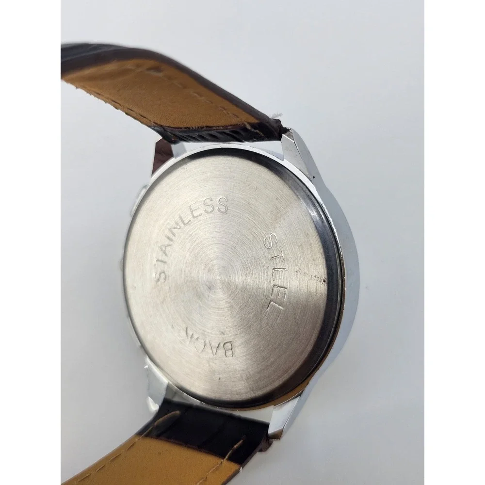 Men's Analog Watch 45MM Brown Dial Dark Brown Faux Leather Bands New Battery